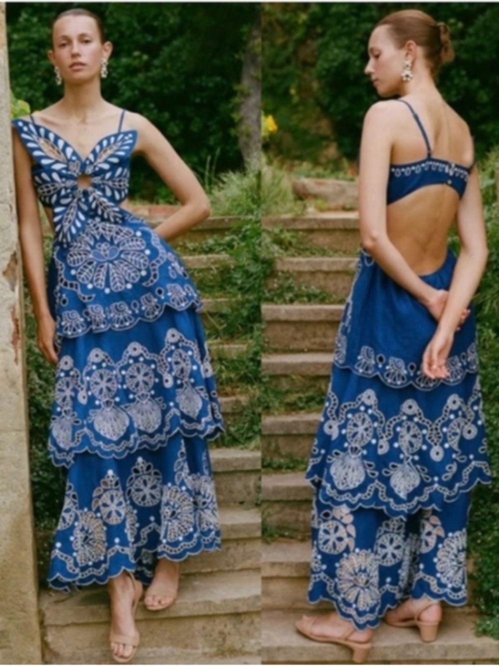 FARM Rio Blue Embroidered Backless Tiered Maxi Dress